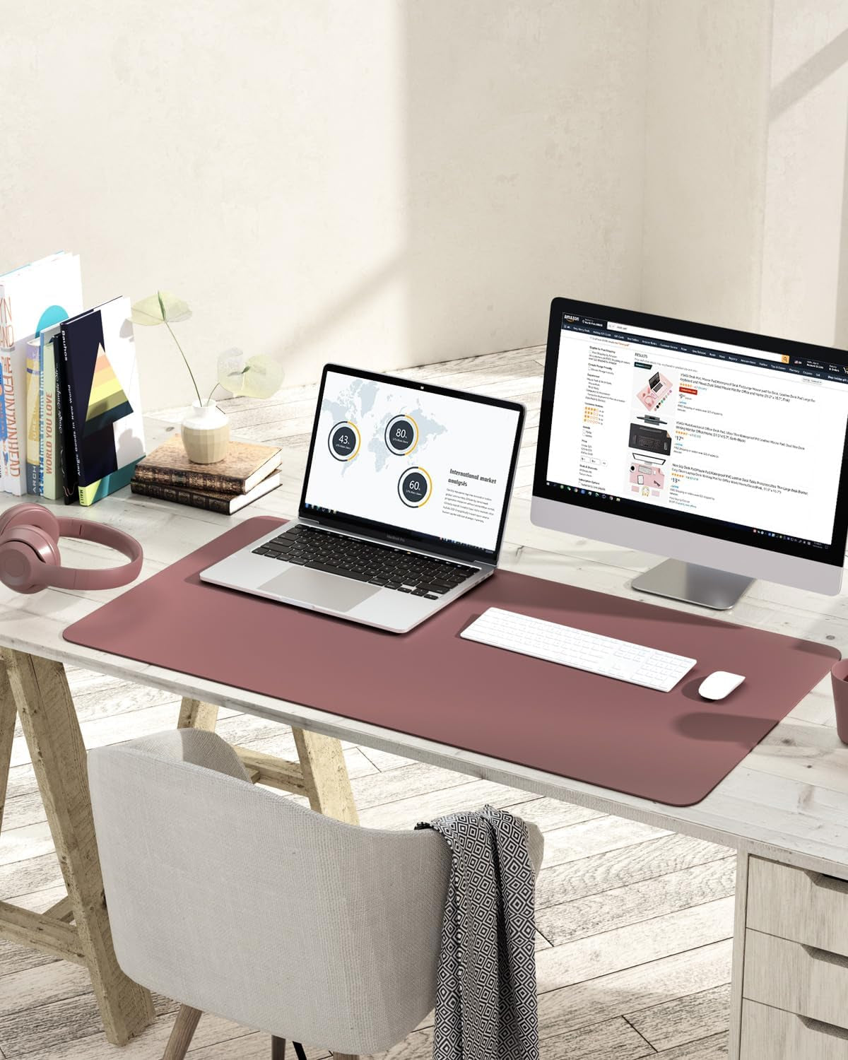 Non-Slip Leather Desk Pad L Size, Waterproof Laptop Computer Desk Keyboard Mat, Table Protector Blotter Mat, Large Mouse Pad for Office/Work/Home/Decor(Dark Pink, 35.4" X 17")